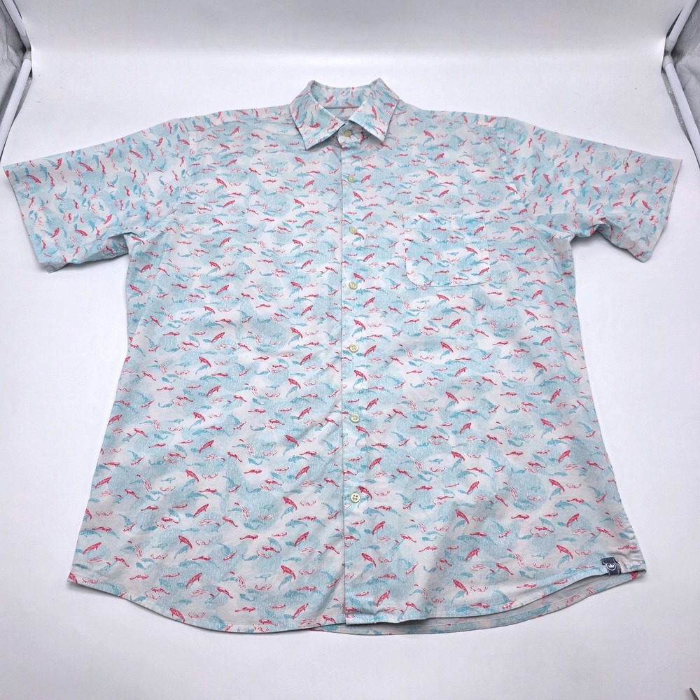 Peter Millar Mens Koi Fish Print Short Sleeve Button Down Shirt MS21W65CFS Large - Picture 2 of 8